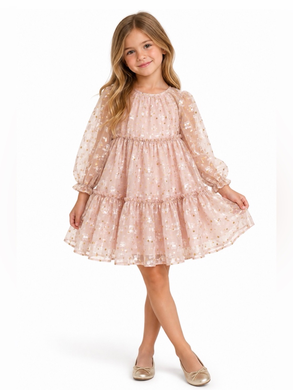 Popatu & Julie Girls 6 Pink Gold Star Tiered Organza Party Dress